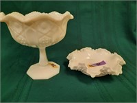White glass compote & hobnail ruffled dish