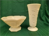 White glass grape pattern vase & center bowl