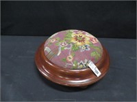 MAHOGANY FOOTSTOOL W/ FLORAL EMBROIDERY ON TOP