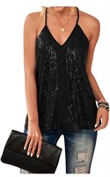 $40(L) Women Tank Top Sexy Sequin Cami Loose Shirt