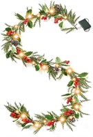 6ft 20 LED Christmas Garland with Holly Pines Batt