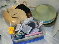 3 TOTE BAGS, SUNHATS, BOX OF NEW HOSIERY