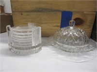 CRYSTAL COASTERS & BUTTER DISH