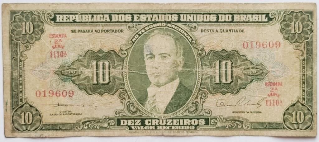 1950 Brazil 10 CRUZEIROS bill