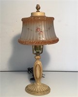 CAST IRON TABLE LAMP REVERSE PAINTED GLASS SHADE