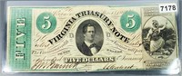 1862 $5 Virginia Confederate Bill CLOSELY UNC
