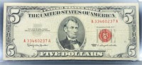 1963 US $5 Red Seal Bill CLOSELY UNC