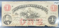 1862 Virginia Treasury $1 Note LIGHTLY CIRCULATED