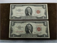 Pair of two 1953-B $2 Red Seal US paper money