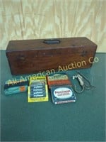 ANTIQUE WOODEN BOX WITH FISHING STUFF