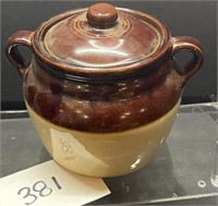 Vtg Pottery 7" Brown & Tan 2 Handle Bean Pot W/Lid