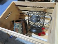 WOODEN SHIPPING CRATE, PITCHER & MESH COFFEE BASKE