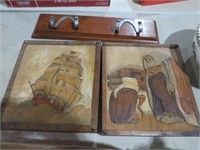 2 CARVED WALL PLAQUES AND WALL HANGER