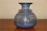 Hand Blown Blue Vase With Swirled Ridge Lines 4