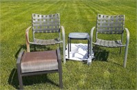 2 outdoor chairs, table, rug, and footstool