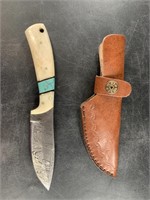 Damascus fixed bladed knife with bone and Kirinite