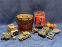 Wood tobacca canister -old toys -Jeff Gordon fig