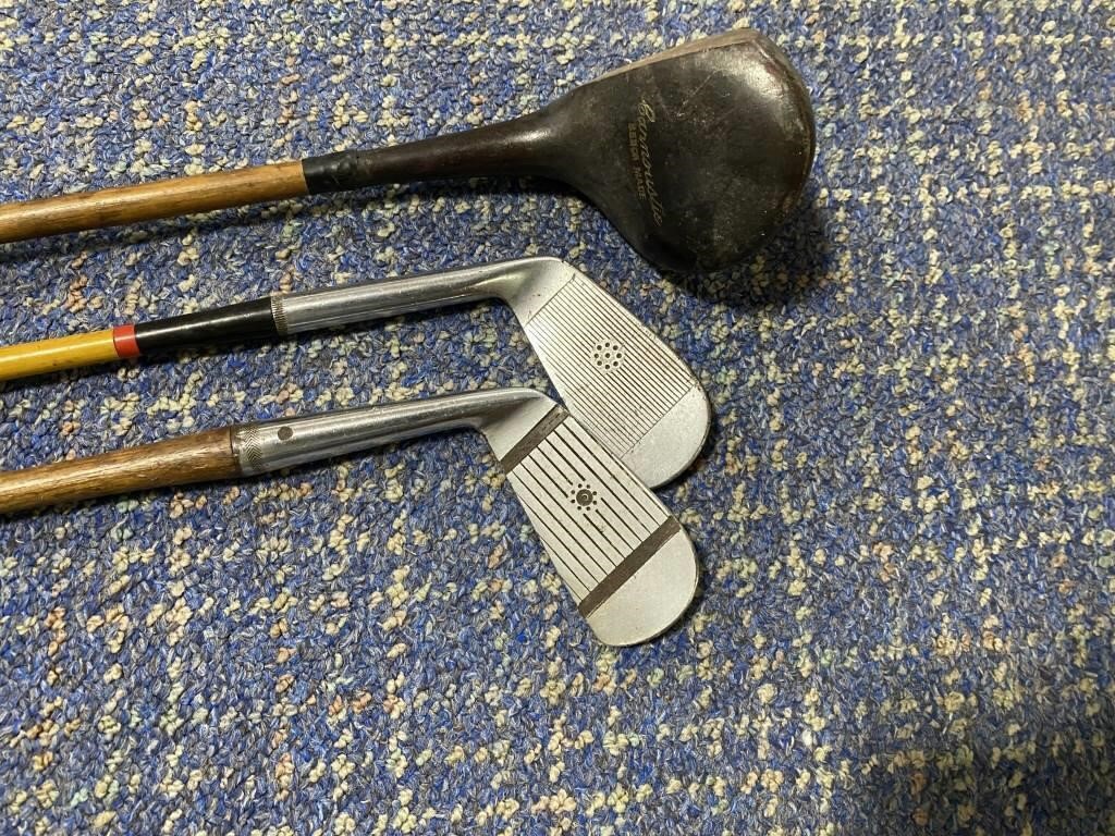 2 ANTIQUE WOOD SHAFT GOLF CLUBS & 1 STEEL SHAFT