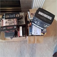 2 boxes of misc. VHS tapes & rewinder