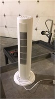 One white plastic tower room fan with five push