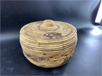 Aged Hooper Bay grass basket with dyed grass inclu
