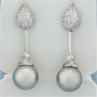 Tahitian Pearl and Pave Diamond Dangle Earrings in