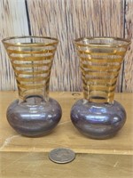 S/2 Vintage Purple/Gold Ringed Mini Bud Vases