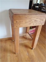 Wooden Butcher Block Table w/ Storage On Wheels