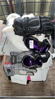 Variety of riding goggles, gloves, and