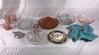 Assortment of glass dishes incl. pink depression
