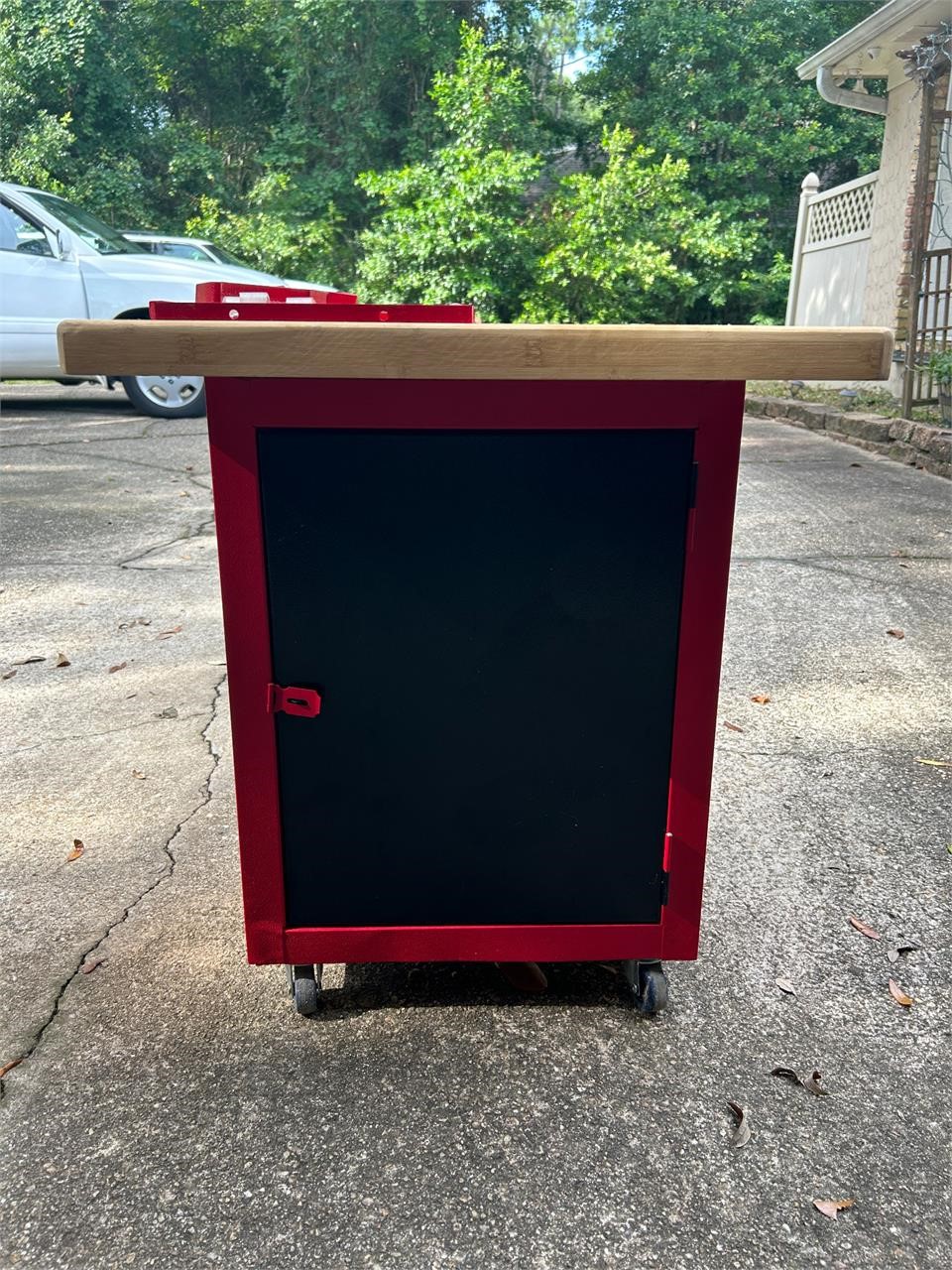 Red Metal Storage with Butcher Block