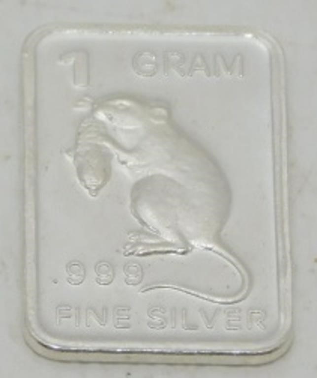 1 gram Silver Ingot - Snacking Rat, .999 Fine