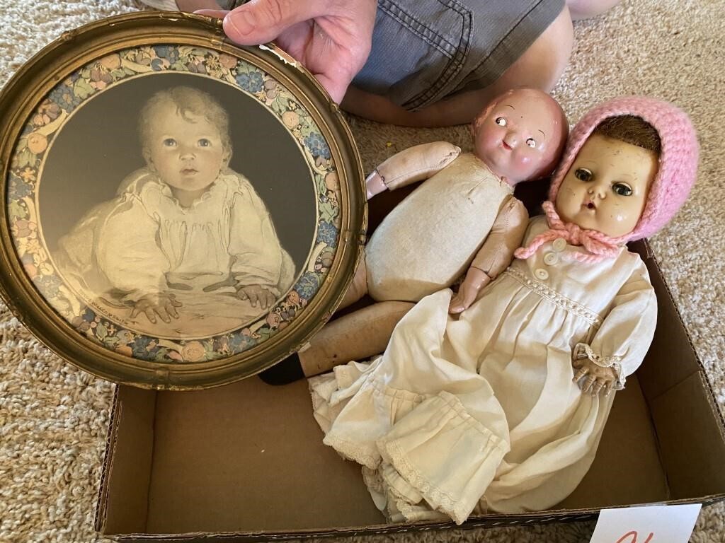 2 ANTIQUES DOLLS & ROUND FRAMED PICTURE