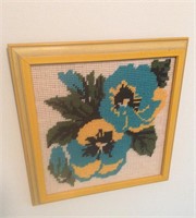 Yellow Framed Floral Needlepoint Artwork