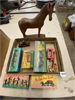 small wooden toys (5 have boxes); wooden horse