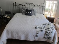 KING SIZE BED W/ IRON HEADBOARD, PILLOWS, & LINENS