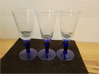 3 Colbalt Blue Stem Wine Glass Lot