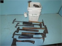 Pail of assorted hammers & hatchets