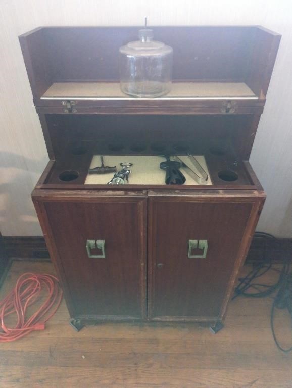 Vintage wood bar station with accessories