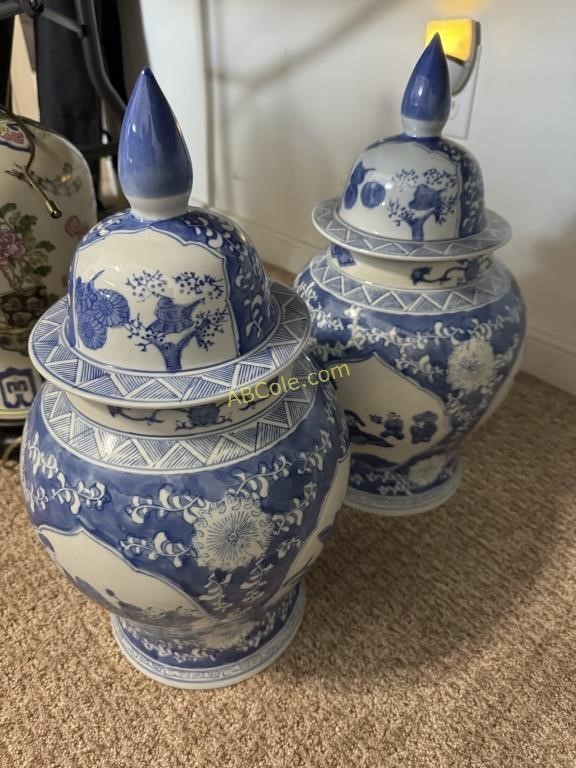 Pair of Asian Ginger Jars with Lids, 17"Tall