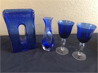 Cobalt Blue art Vase 10"h w/bud vase & glasses