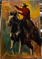 Art-Large Original Oil on Canvas of Cowboy & Horse