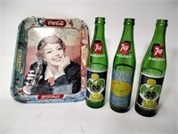 Vtg Tin Coca Cola Tray & 7Up Glass Bottles