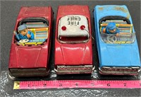 3 vintage metal friction cars tin type