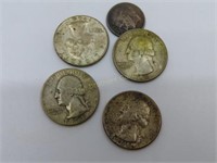 Lot of 4 Silver Quarters & 1 Silver Dime
