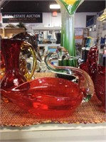 Red glass swan candy dish