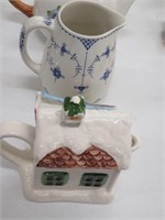 3 charming teapots & Fransican pitcher