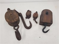 (4) Vintage Wooden Pulleys & Cast Iron Hook