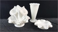 Fenton Hobnail Milk Glass Epergne, Dish, Vase