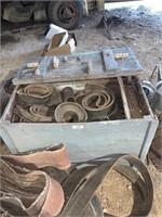 ANTIQUE WOOD BOX OF TRACTOR PULLEY BELTS